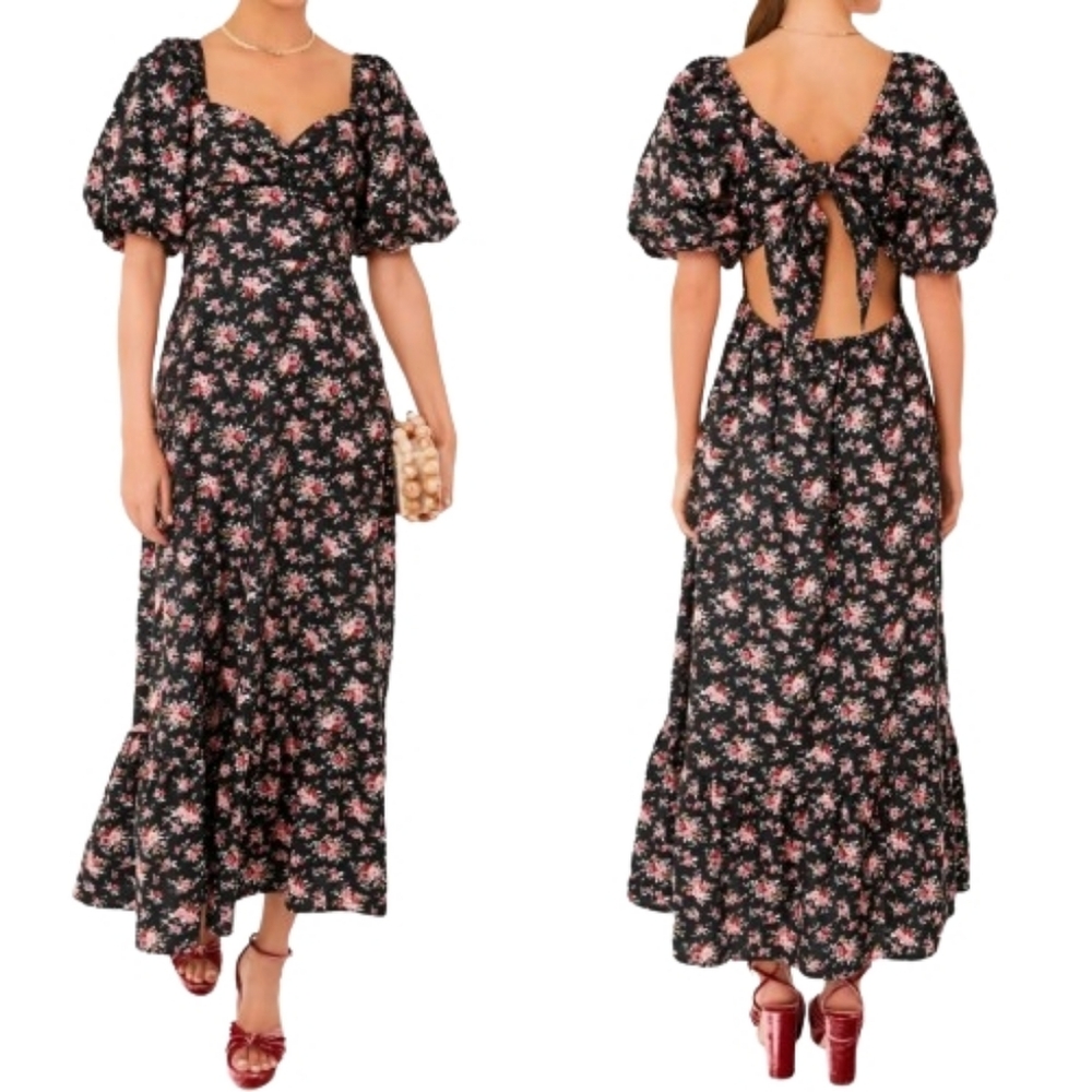 2.7 August Apparel Maxi Floral Print Dress Sweetheart Neckline Puff Sleeves Long